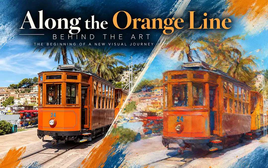 Historische orangefarbene Straßenbahn in Port de Sóller auf Mallorca – fotografisches Original und malerische Painterly-Interpretation im Vergleich.