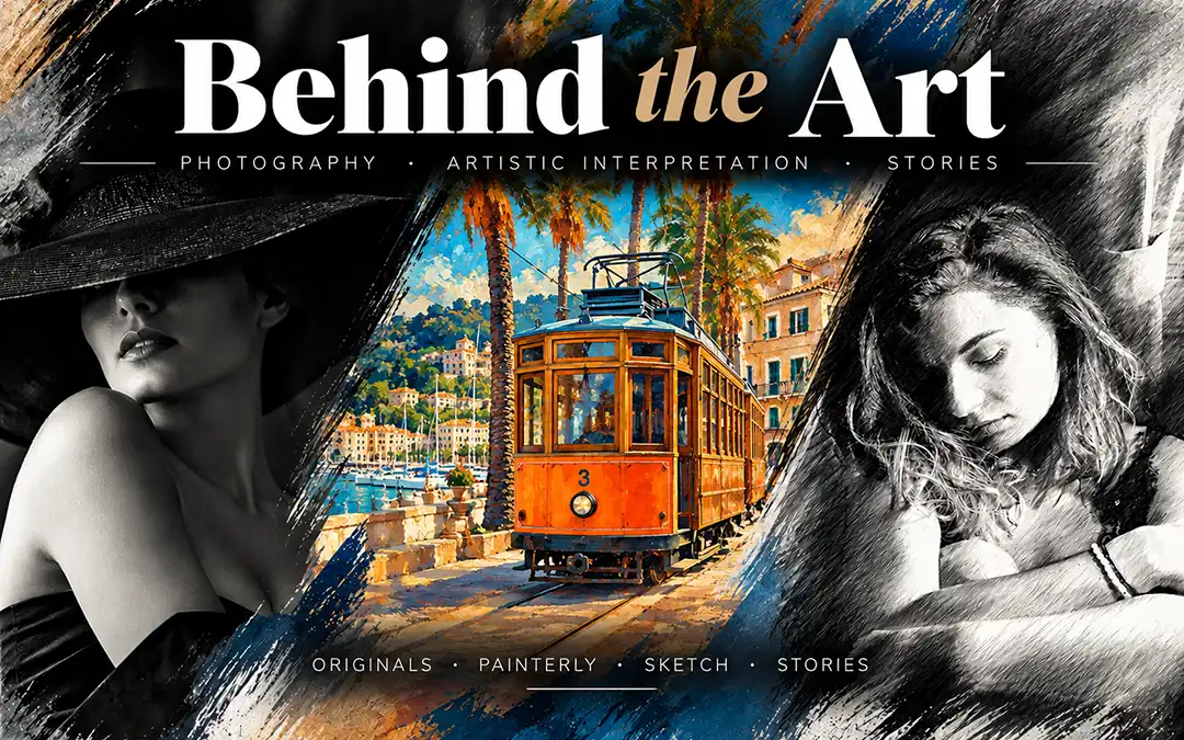 Behind the Art – Where Photography Meets Art Behind the Art by Frank Eckgold – a visual composition of original photography, colourful Painterly art and expressive black-and-white Sketch Art.