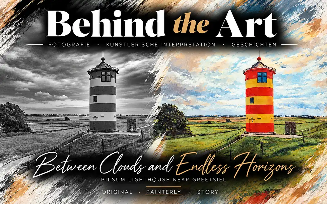 Pilsumer Leuchtturm bei Greetsiel – Schwarzweiß-Fotografie und farbenfrohe Painterly-Interpretation im Bildvergleich