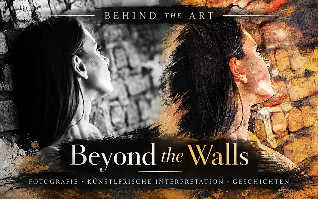 Beyond the Walls – Schwarzweiß-Fotografie von Model Josephin an einer alten Mauer und warme Painterly-Interpretation im Bildvergleich