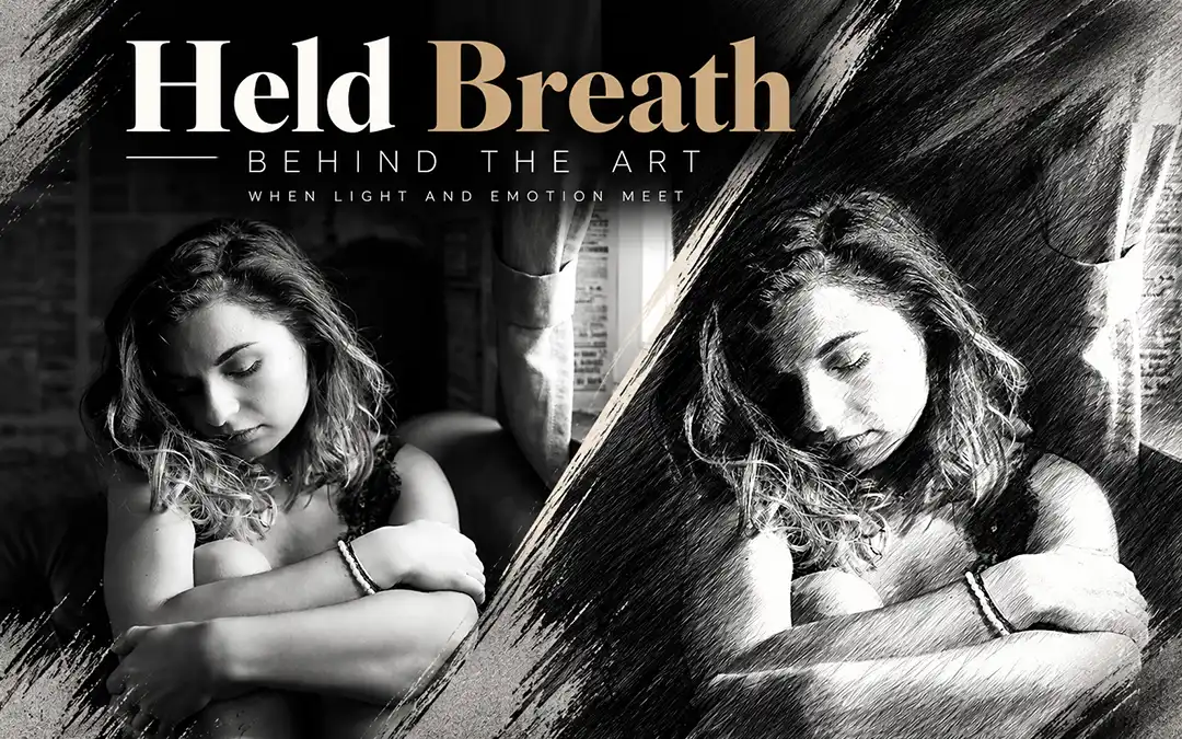 Held Breath – Schwarz-Weiß-Portrait von Angelina am Fenster im Vergleich mit einer ausdrucksstarken Sketch-Interpretation.
