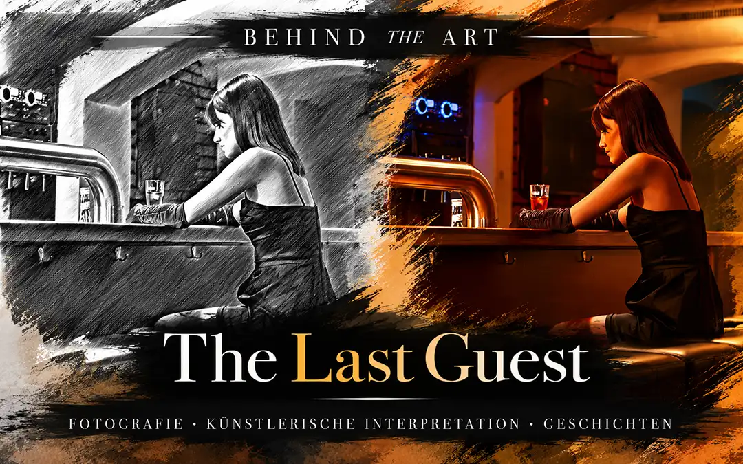 The Last Guest – Sängerin Sarah allein an einer warm beleuchteten Clubbar, gegenübergestellt mit der monochromen Sketch-Interpretation