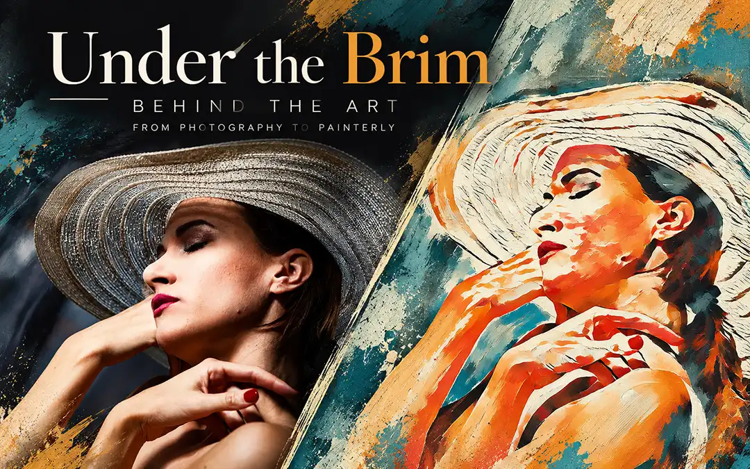Under the Brim – Originales Studioportrait von Lauren Crist und farbenfrohe Painterly-Interpretation im direkten Bildvergleich.